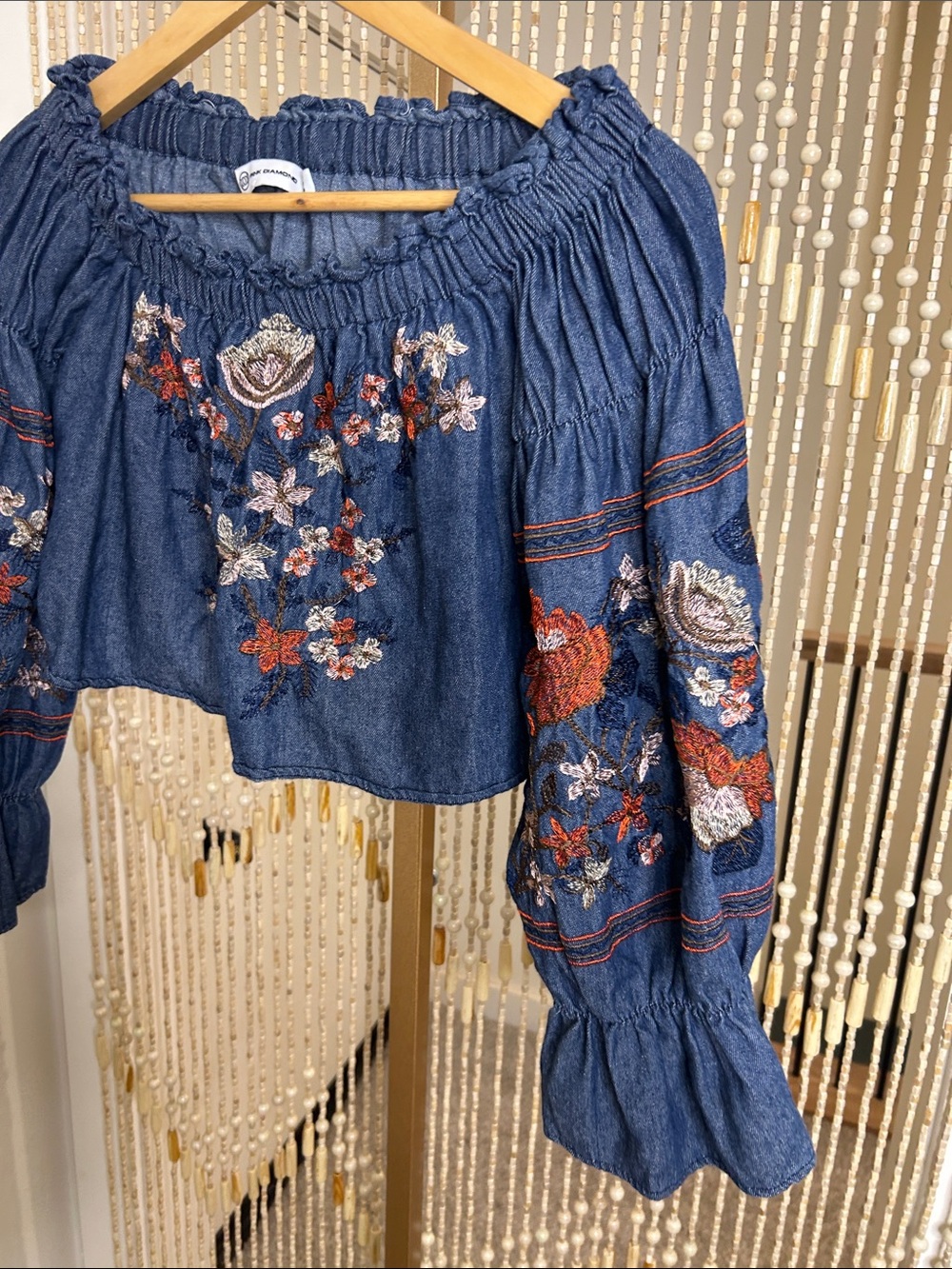 Embroidered Off-Shoulder Denim Blouse - Blue - Picture 4 of 15